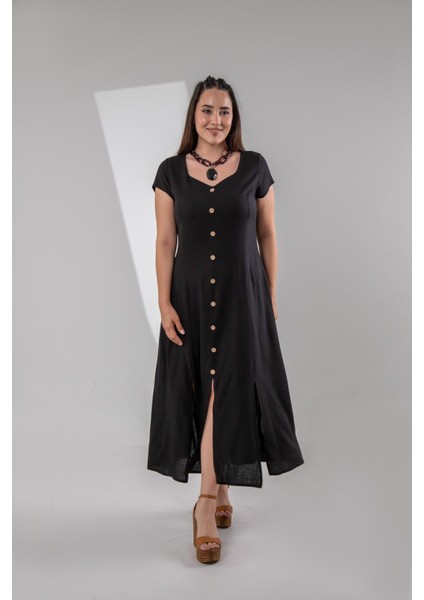 Kadın 111975 Büyük Beden Düğmeli Yırtmaçlı Elbise Siyah