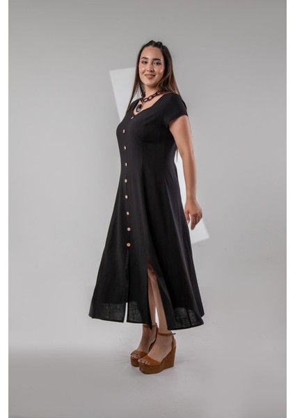 Kadın 111975 Büyük Beden Düğmeli Yırtmaçlı Elbise Siyah fırsatları
