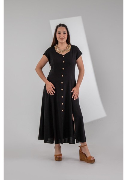 Kadın 111975 Büyük Beden Düğmeli Yırtmaçlı Elbise Siyah indirimleri