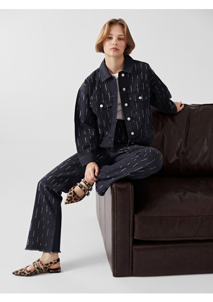 Yeni Sezon Gömlek Yaka Parlak Taşlı Kadın Jean Ceket