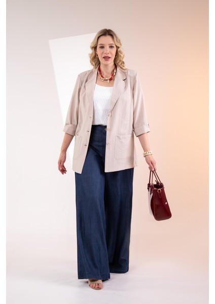 Kadın Büyük Beden Cepli Bej Ceket