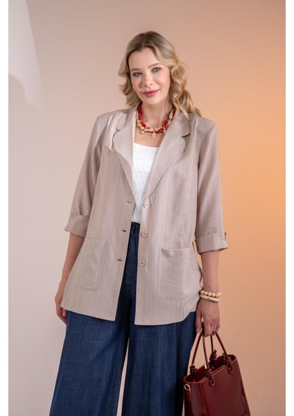 Kadın Büyük Beden Cepli Bej Ceket