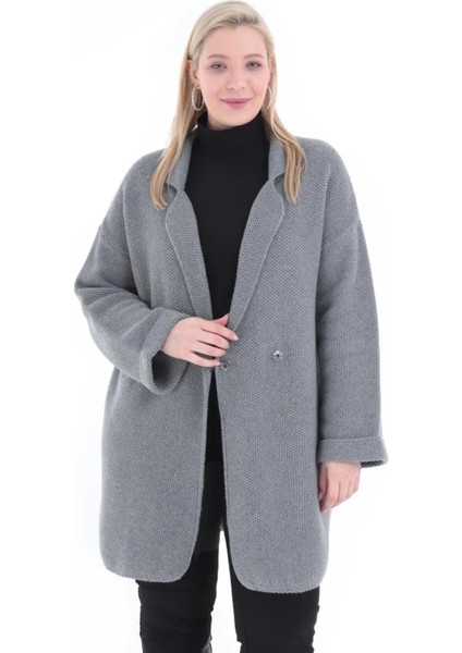 Kadın Büyük Beden Düğme Kapama Triko Kısa Gri Ceket