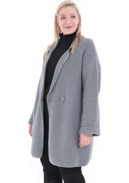 Kadın Büyük Beden Düğme Kapama Triko Kısa Gri Ceket