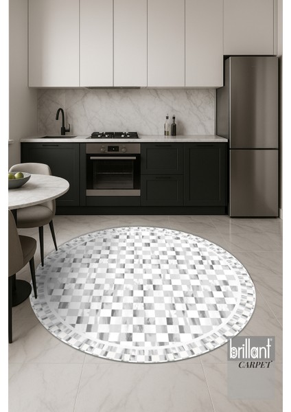 Gri Renk Mackenzie Stili Damalı Lateks Taban Mutfak Halı - Yuvarlak