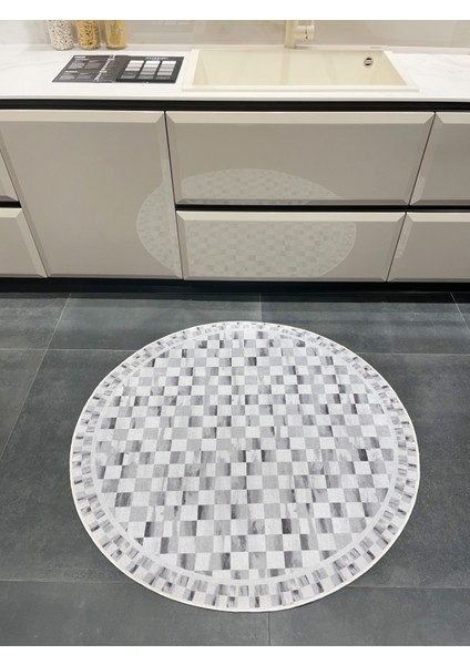 Gri Renk Mackenzie Stili Damalı Lateks Taban Mutfak Halı - Yuvarlak fırsatları