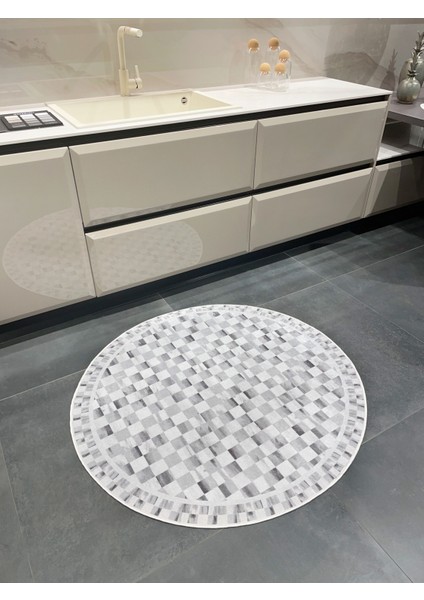 Gri Renk Mackenzie Stili Damalı Lateks Taban Mutfak Halı - Yuvarlak indirimleri