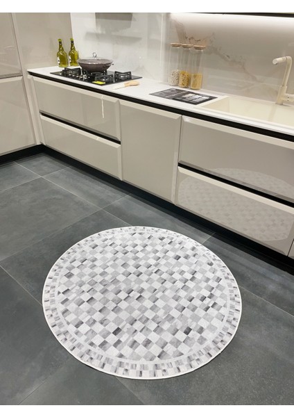 Gri Renk Mackenzie Stili Damalı Lateks Taban Mutfak Halı - Yuvarlak