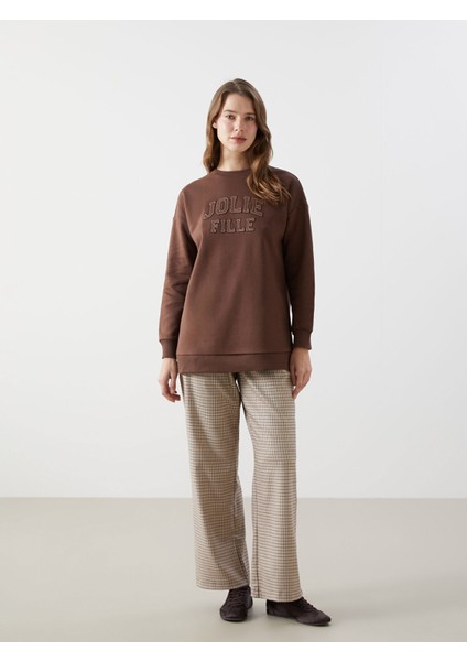 Yeni Sezon Bisiklet Yaka Nakışlı Kadın Kalın Sweatshirt Tunik fiyatları