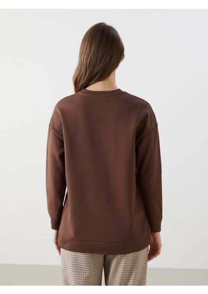 Yeni Sezon Bisiklet Yaka Nakışlı Kadın Kalın Sweatshirt Tunik fırsatları