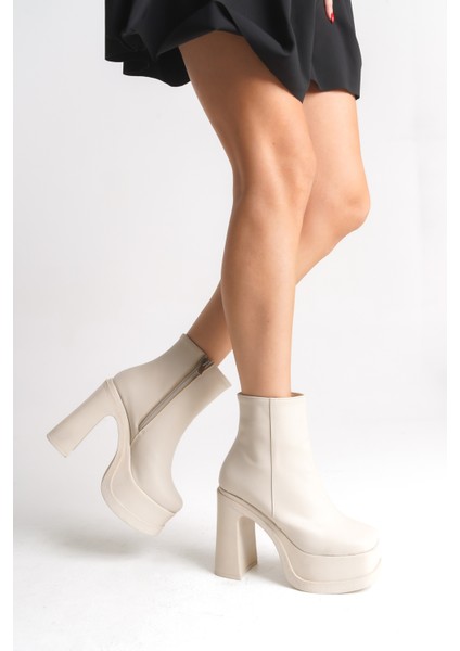 Kadın Bej Platform Yüksek Topuk Bilek Boy Fermuarlı Bot