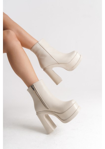 Kadın Bej Platform Yüksek Topuk Bilek Boy Fermuarlı Bot fiyatları