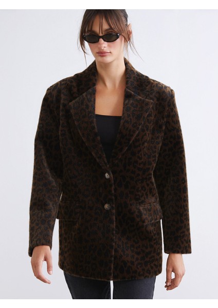 Yeni Sezon Leopar Desenli Kadın Kaşe Kaban