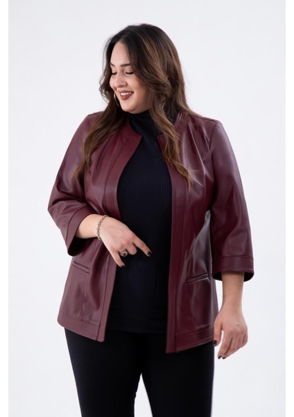 Kadın Büyük Beden Kapamasız Cepli Suni Deri Bordo Ceket