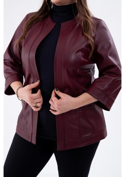 Kadın Büyük Beden Kapamasız Cepli Suni Deri Bordo Ceket fiyatları