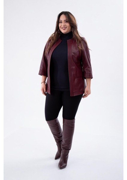Kadın Büyük Beden Kapamasız Cepli Suni Deri Bordo Ceket modelleri