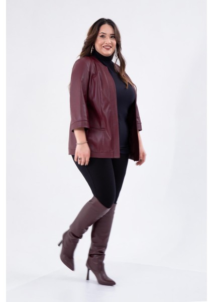 Kadın Büyük Beden Kapamasız Cepli Suni Deri Bordo Ceket fırsatları