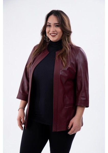 Kadın Büyük Beden Kapamasız Cepli Suni Deri Bordo Ceket indirimleri