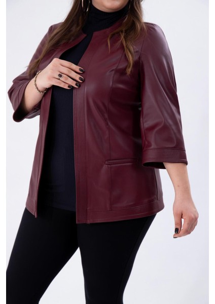 Kadın Büyük Beden Kapamasız Cepli Suni Deri Bordo Ceket