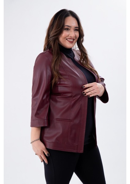 Kadın Büyük Beden Kapamasız Cepli Suni Deri Bordo Ceket
