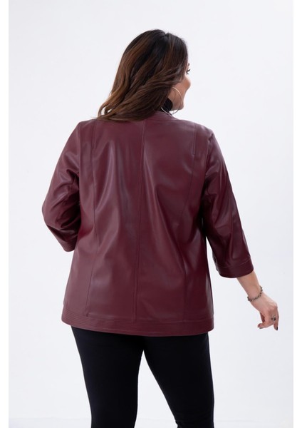 Kadın Büyük Beden Kapamasız Cepli Suni Deri Bordo Ceket