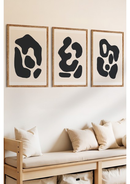 3 Parça Siyah Organik Formlar Ahşap Çerçeve Görünümlü Mdf Tablo Seti fiyatları