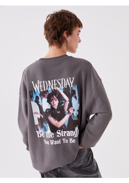 Yeni Sezon Bisiklet Yaka Wednesday Baskılı Oversize Kadın Kalın Sweatshirt