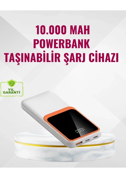 Powerbank 10000 Mah – Çift USB Çıkışlı, Type-C Girişli, Şık Beyaz Tasarım
