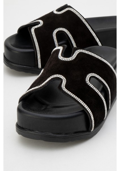 Kadın Kalın Taban Taş Bantlı Terlik Gerçek Süet Deri Zy 8147 Siyah modelleri