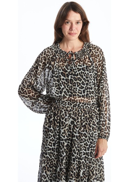 Yeni Sezon Bağlamalı Yaka Leopar Desenli Kadın Bluz