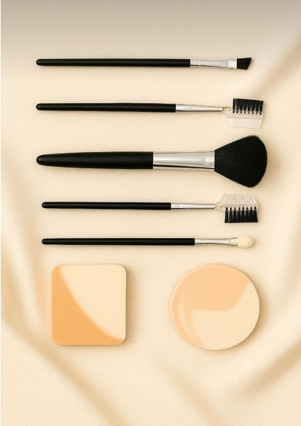 8 Parça Makyaj Fırça ve Sünger Seti – Profesyonel Aplikatör Takımı (Siyah)