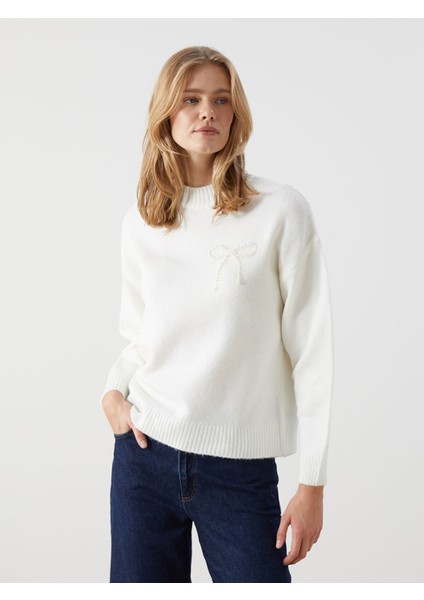 Yeni Sezon Bisiklet Yaka Boncuk Işlemeli Kadın Triko Kazak