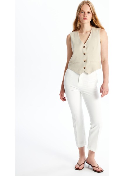 Yeni Sezon V Yaka Düz Keten Karışımlı Kadın Klasik Yelek fiyatları