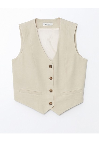 Yeni Sezon V Yaka Düz Keten Karışımlı Kadın Klasik Yelek indirimleri