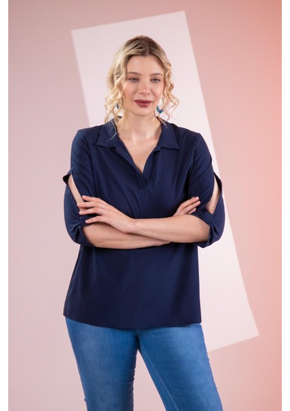 Kadın Büyük Beden Kol Yırtmaç Detaylı Lacivert Bluz