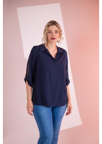 Kadın Büyük Beden Kol Yırtmaç Detaylı Lacivert Bluz fiyatları