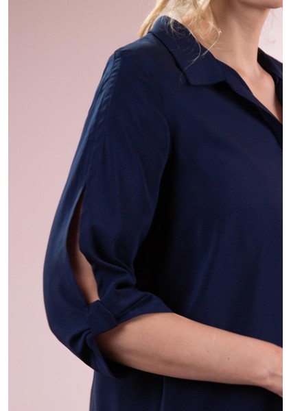 Kadın Büyük Beden Kol Yırtmaç Detaylı Lacivert Bluz modelleri