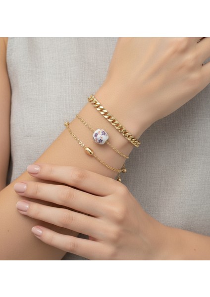 Mor Seramik Boncuklu Gold 3’lü Bileklik Seti