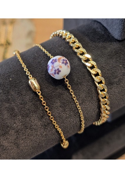 Mor Seramik Boncuklu Gold 3’lü Bileklik Seti