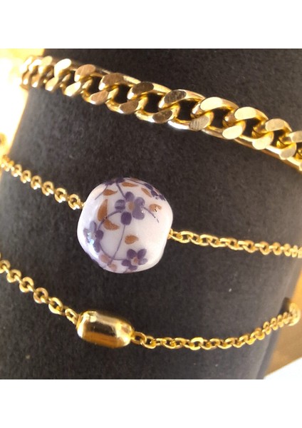 Mor Seramik Boncuklu Gold 3’lü Bileklik Seti