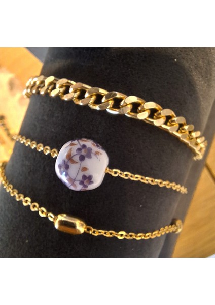 Mor Seramik Boncuklu Gold 3’lü Bileklik Seti