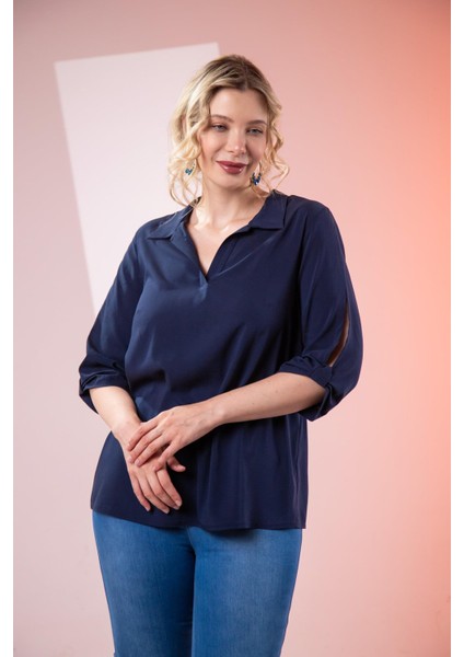 Kadın Büyük Beden Kol Yırtmaç Detaylı Lacivert Bluz indirimleri