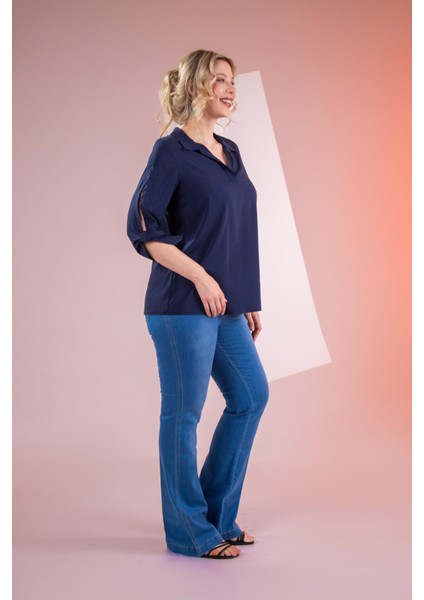 Kadın Büyük Beden Kol Yırtmaç Detaylı Lacivert Bluz