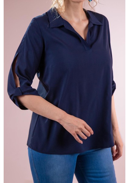 Kadın Büyük Beden Kol Yırtmaç Detaylı Lacivert Bluz