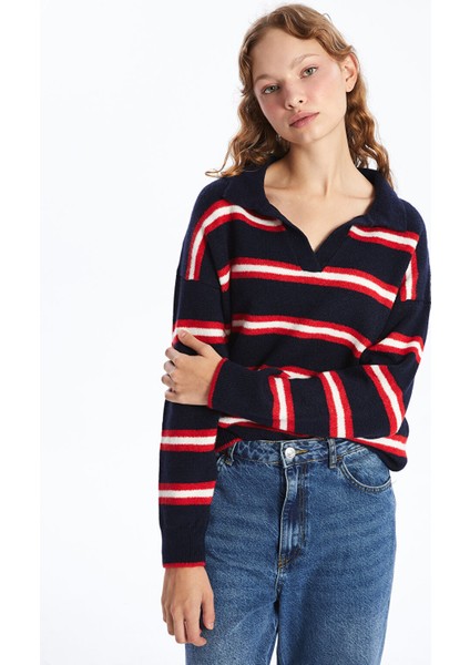 Yeni Sezon Polo Yaka Çizgili Oversize Kadın Triko Kazak