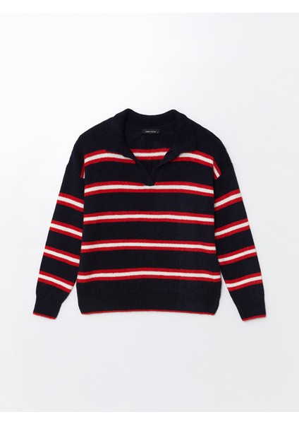 Yeni Sezon Polo Yaka Çizgili Oversize Kadın Triko Kazak indirimleri