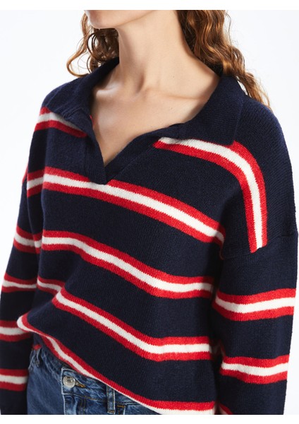 Yeni Sezon Polo Yaka Çizgili Oversize Kadın Triko Kazak modelleri