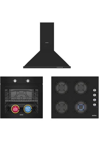 4 Fonksiyon Trend Siyah Cam 3'lü Ankastre Set