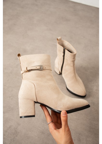 Kadın Bej Süet Lucy Model Yandan Fermuarlı Sivri Burun Kısa Topuklu Bot fiyatları