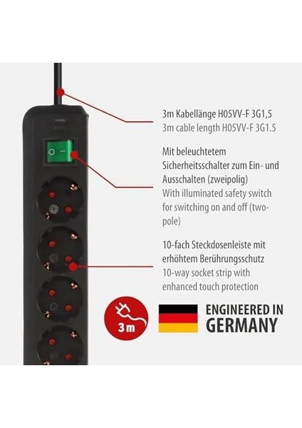 Eco-, 10&apos;lu Çoklu Priz (Yüksek Temas Korumalı, Şalter ve 3 M Kablolu) Siyah fiyatları